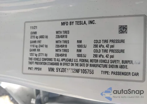 2022 Tesla Model 3 Long Range Dual Motor All-Wheel Drive from USA, damaged, VIN 5YJ3E1EB2NF105758